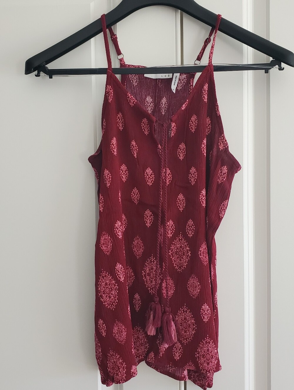 LUQ Maroon Pink Women's Romantic Tank Top with Tassle Tie Summer Size Med